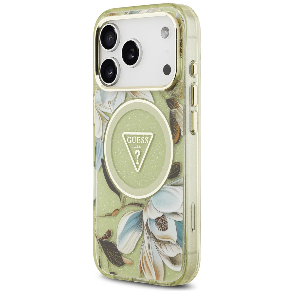MagSafe ovitek za Apple iPhone 18 Pro / 17 Pro, Guess, IML Metal Glitter Flowers Triangle, Zelen