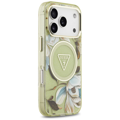 MagSafe ovitek za Apple iPhone 18 Pro / 17 Pro, Guess, IML Metal Glitter Flowers Triangle, Zelen