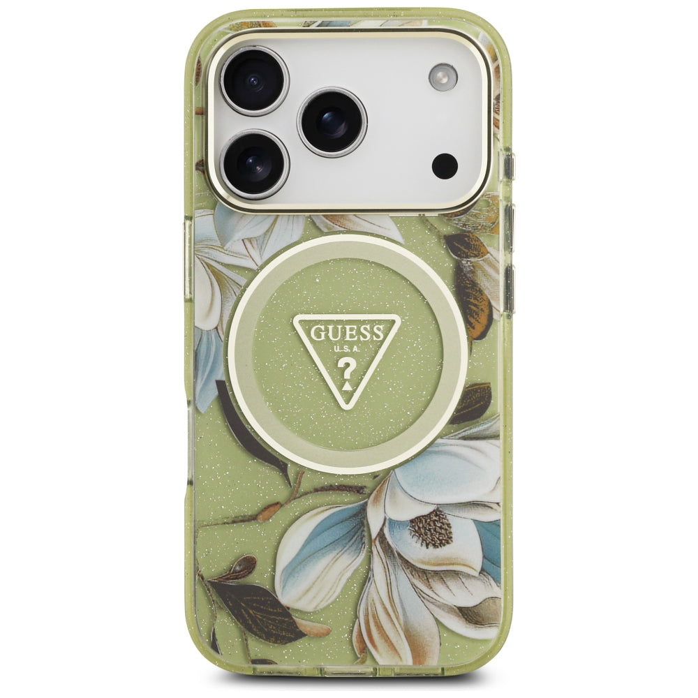 MagSafe ovitek za Apple iPhone 18 Pro / 17 Pro, Guess, IML Metal Glitter Flowers Triangle, Zelen
