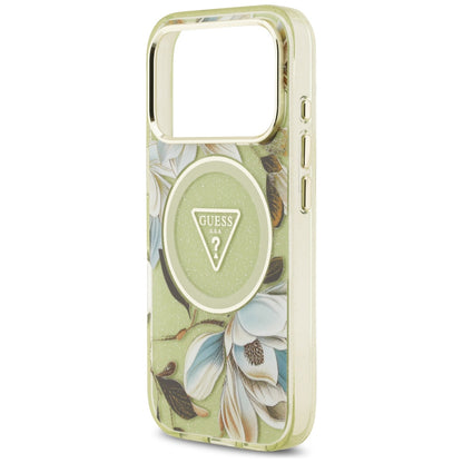MagSafe ovitek za Apple iPhone 18 Pro / 17 Pro, Guess, IML Metal Glitter Flowers Triangle, Zelen