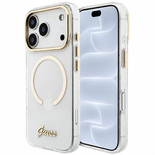 Ovitek MagSafe za Apple iPhone 18 Pro / 17 Pro, Guess, IML Script Metal, prozoren