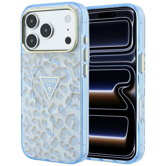Ovitek MagSafe za Apple iPhone 18 Pro / 17 Pro, Guess, Leopard Glitter Triangle Logo, Bleu