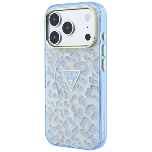 Ovitek MagSafe za Apple iPhone 18 Pro / 17 Pro, Guess, Leopard Glitter Triangle Logo, Bleu