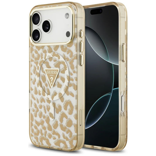 MagSafe ovitek za Apple iPhone 18 Pro / 17 Pro, Guess, Leopard Glitter Triangle Logo, rjav