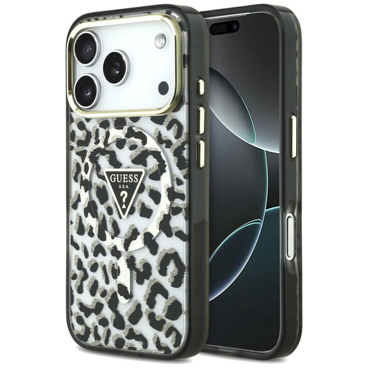 MagSafe ovitek za Apple iPhone 18 Pro / 17 Pro, Guess, Leopard Glitter Triangle Logo, Črn