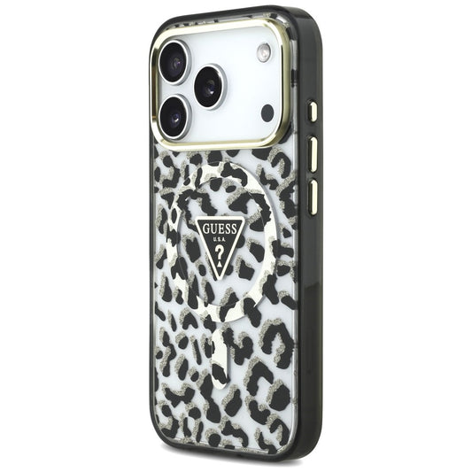 MagSafe ovitek za Apple iPhone 18 Pro / 17 Pro, Guess, Leopard Glitter Triangle Logo, Črn