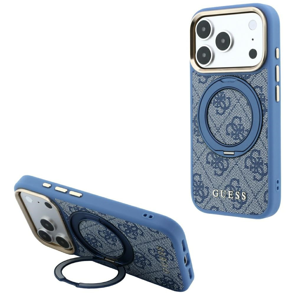 MagSafe Case for Apple iPhone 18 Pro / 17 Pro, Guess, Ring Stand 360 4G Classic Logo, Blue