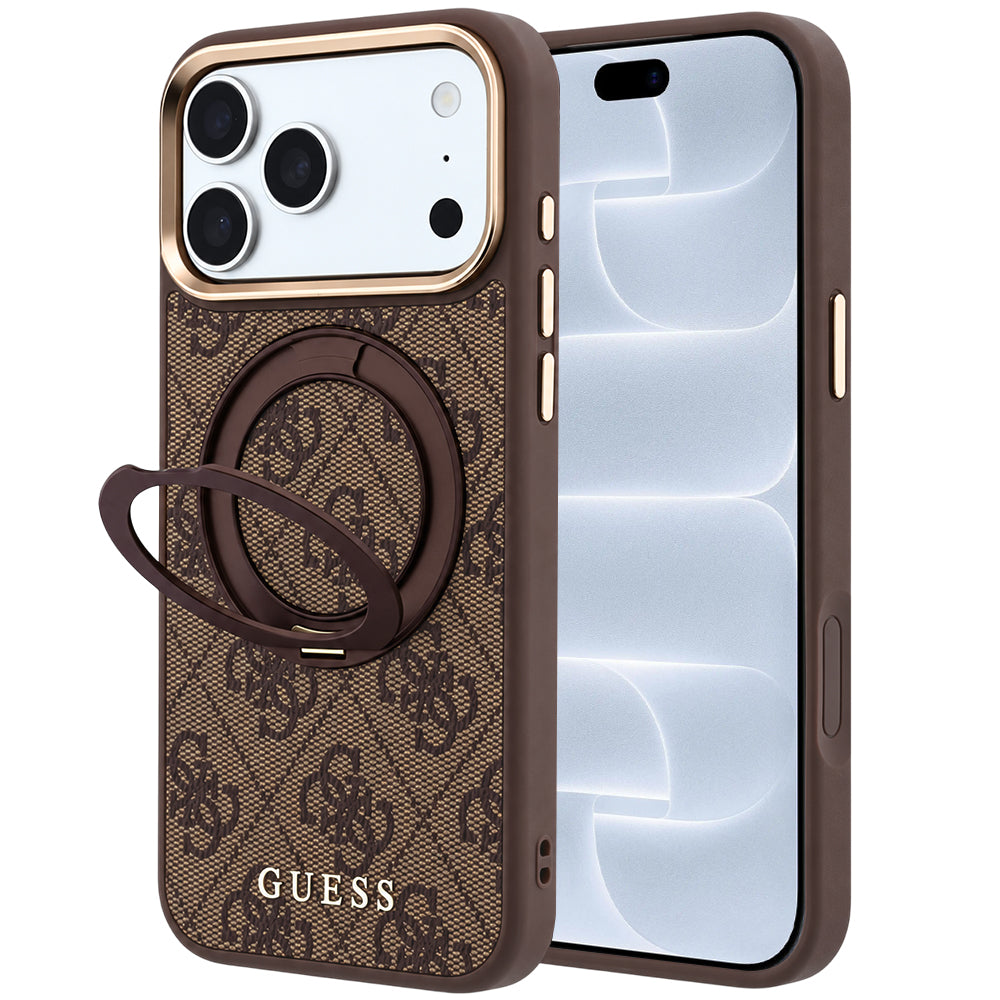 MagSafe ovitek za Apple iPhone 18 Pro / 17 Pro, Guess, Ring Stand 360 4G Classic Logo, rjav