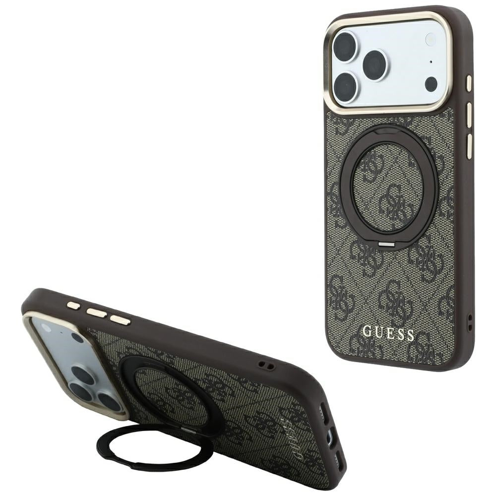 MagSafe ovitek za Apple iPhone 18 Pro / 17 Pro, Guess, Ring Stand 360 4G Classic Logo, rjav