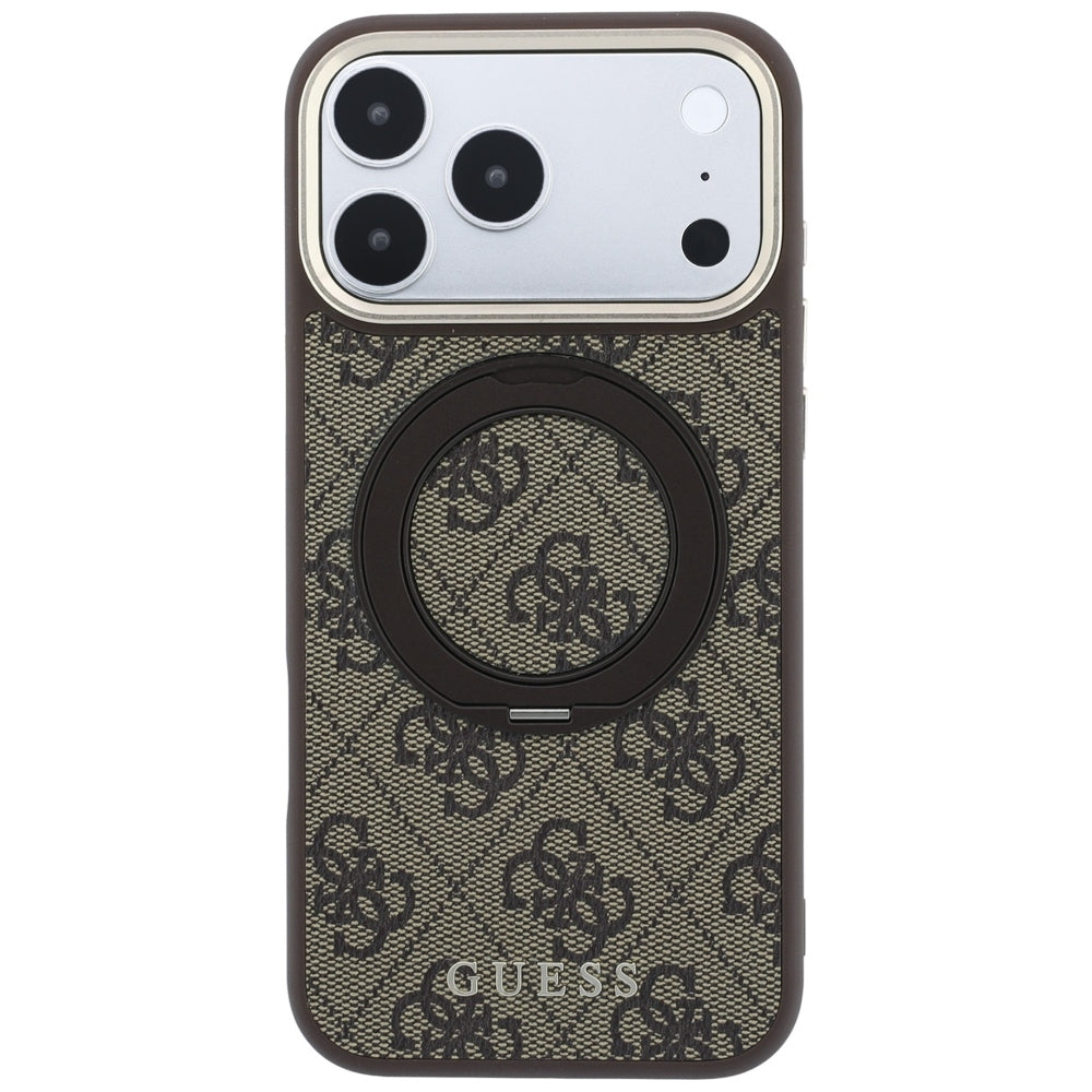 MagSafe ovitek za Apple iPhone 18 Pro / 17 Pro, Guess, Ring Stand 360 4G Classic Logo, rjav