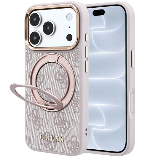 Ovitek MagSafe za Apple iPhone 18 Pro / 17 Pro, Guess, Ring Stand 360 4G Classic Logo, Roza