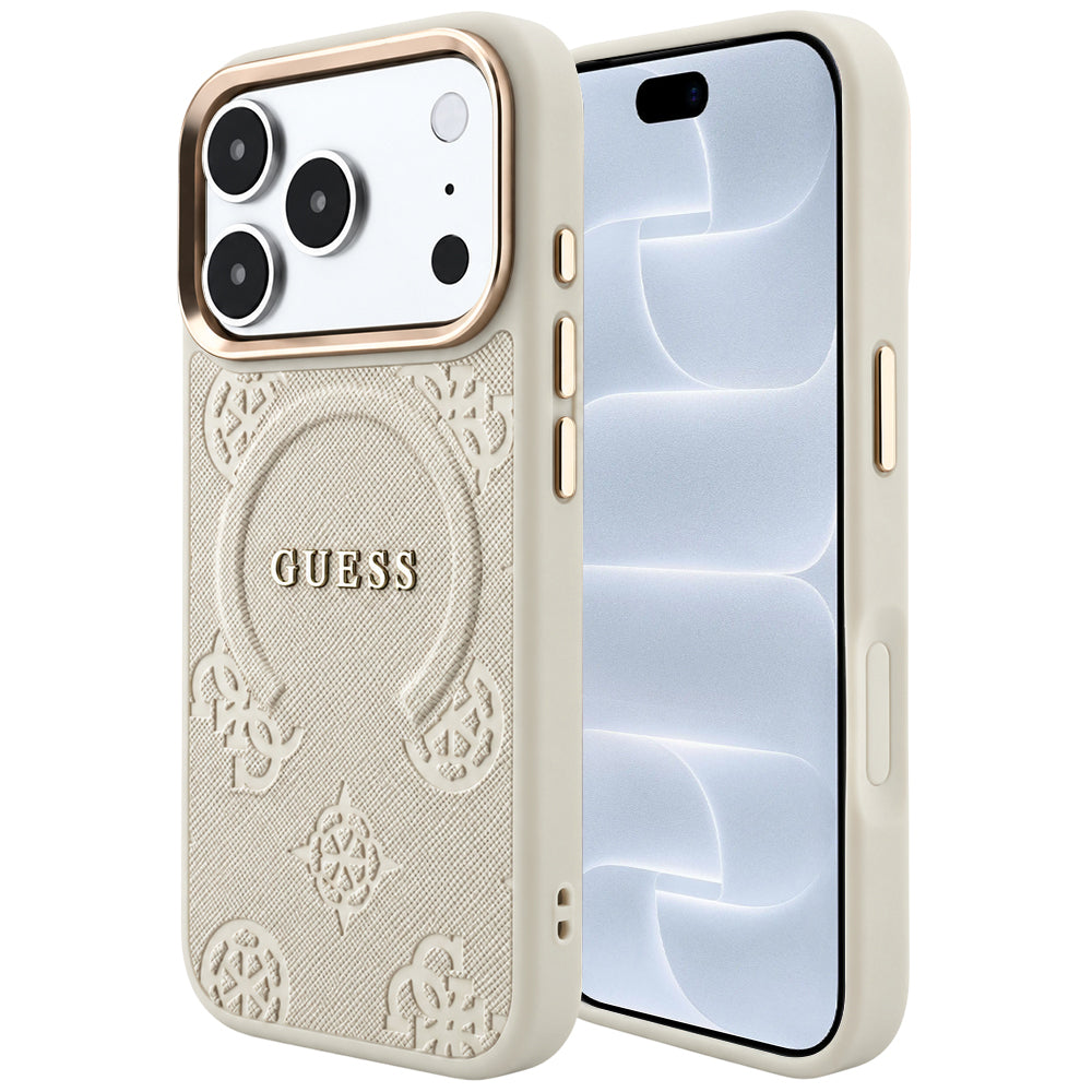 MagSafe ovitek za Apple iPhone 18 Pro / 17 Pro, Guess, Saffiano Peony Ring, bež