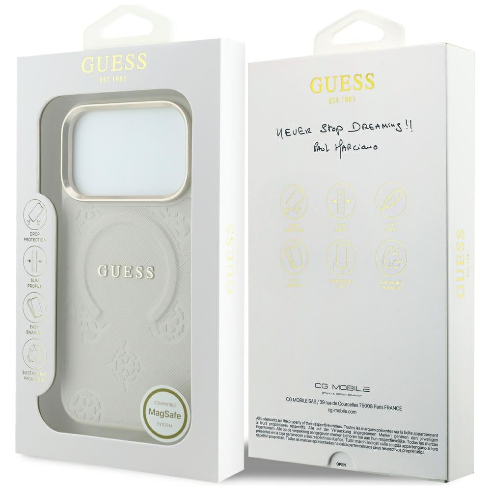 MagSafe ovitek za Apple iPhone 18 Pro / 17 Pro, Guess, Saffiano Peony Ring, bež