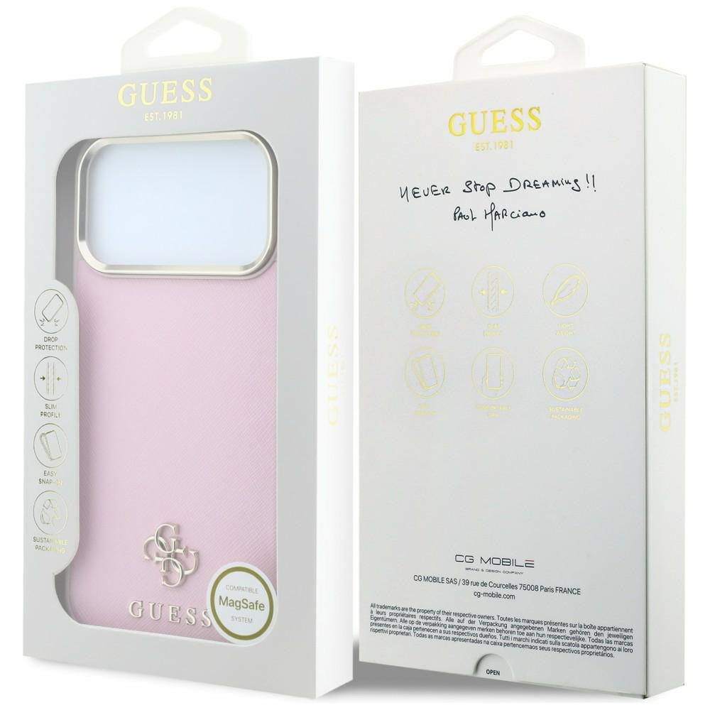Ovitek MagSafe za Apple iPhone 18 Pro / 17 Pro, Guess, Saffiano Small 4G Classic, roza