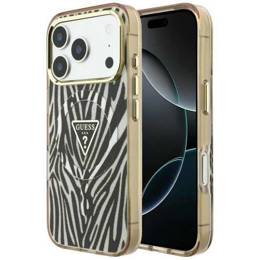 MagSafe ovitek za Apple iPhone 18 Pro / 17 Pro, Guess, Zebra Bleščeči Trikotni Logotip, Zlata