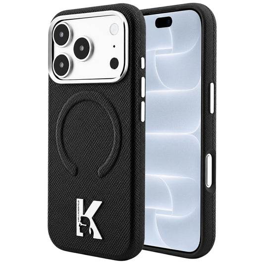 MagSafe ovitek za Apple iPhone 18 Pro / 17 Pro, Karl Lagerfeld, zrnast reliefni obroč, črn