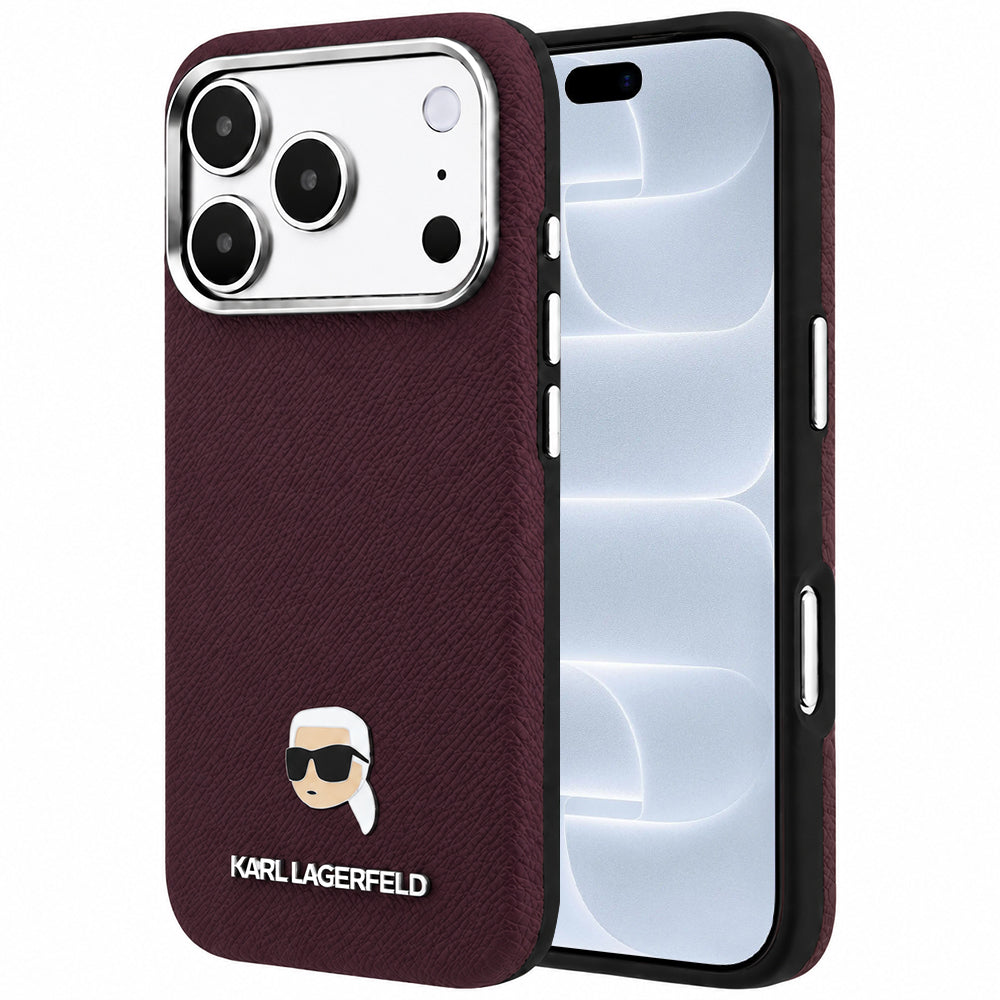 Ovitek MagSafe za Apple iPhone 18 Pro / 17 Pro, Karl Lagerfeld, zrnata kovina Karlove glave, bordo