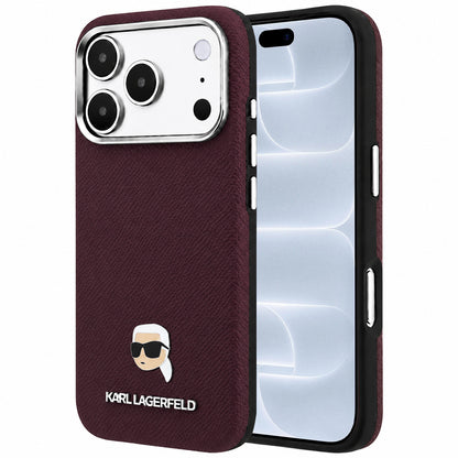 Ovitek MagSafe za Apple iPhone 18 Pro / 17 Pro, Karl Lagerfeld, zrnata kovina Karlove glave, bordo
