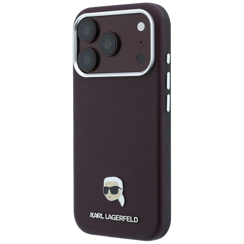 Ovitek MagSafe za Apple iPhone 18 Pro / 17 Pro, Karl Lagerfeld, zrnata kovina Karlove glave, bordo
