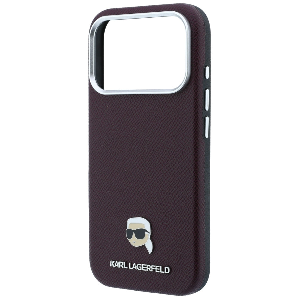 Ovitek MagSafe za Apple iPhone 18 Pro / 17 Pro, Karl Lagerfeld, zrnata kovina Karlove glave, bordo