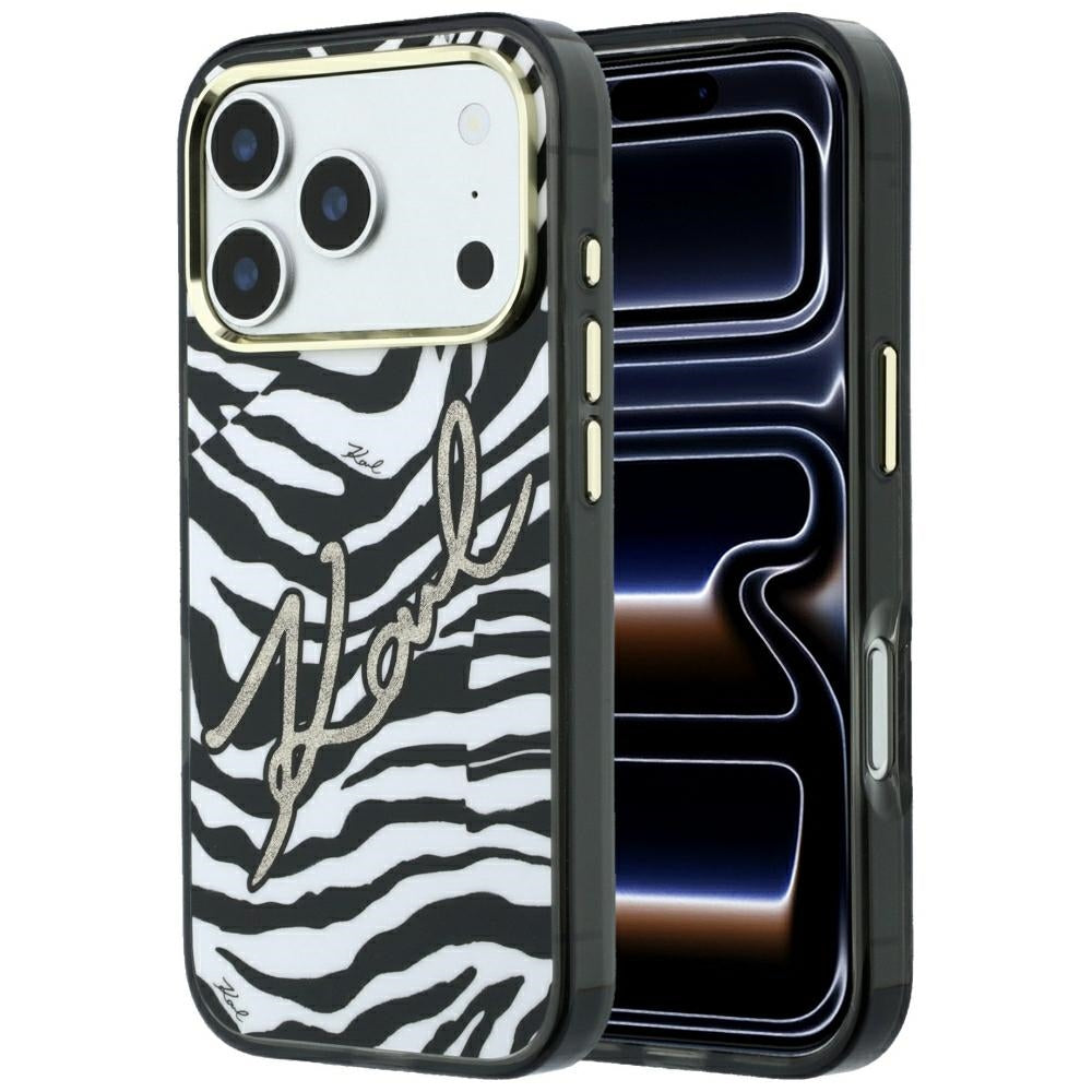 MagSafe ovitek za Apple iPhone 18 Pro / 17 Pro, Karl Lagerfeld, HC IML Signature Zebra Glitter Gold, Črn