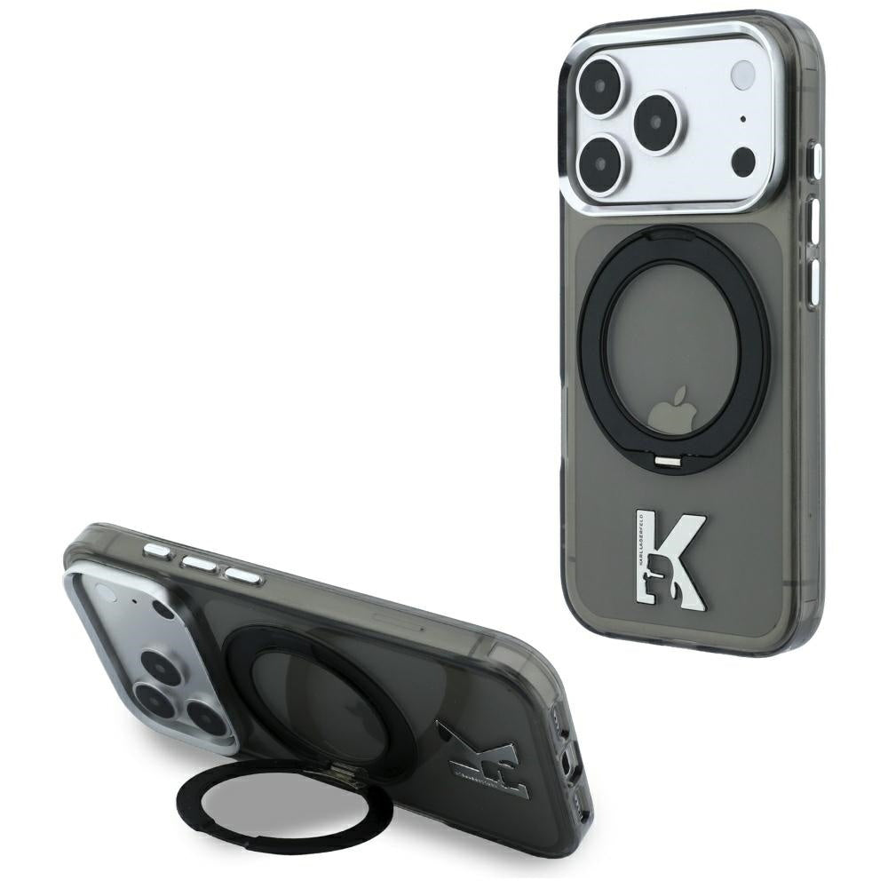 MagSafe ovitek za Apple iPhone 18 Pro / 17 Pro, Karl Lagerfeld, IML Ring Stand Kameo Metal, Črn