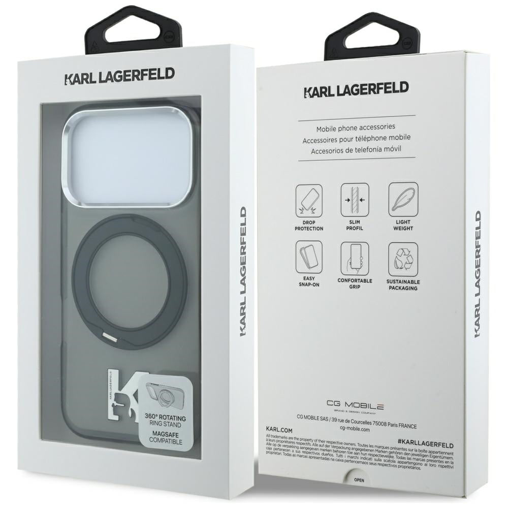 MagSafe ovitek za Apple iPhone 18 Pro / 17 Pro, Karl Lagerfeld, IML Ring Stand Kameo Metal, Črn