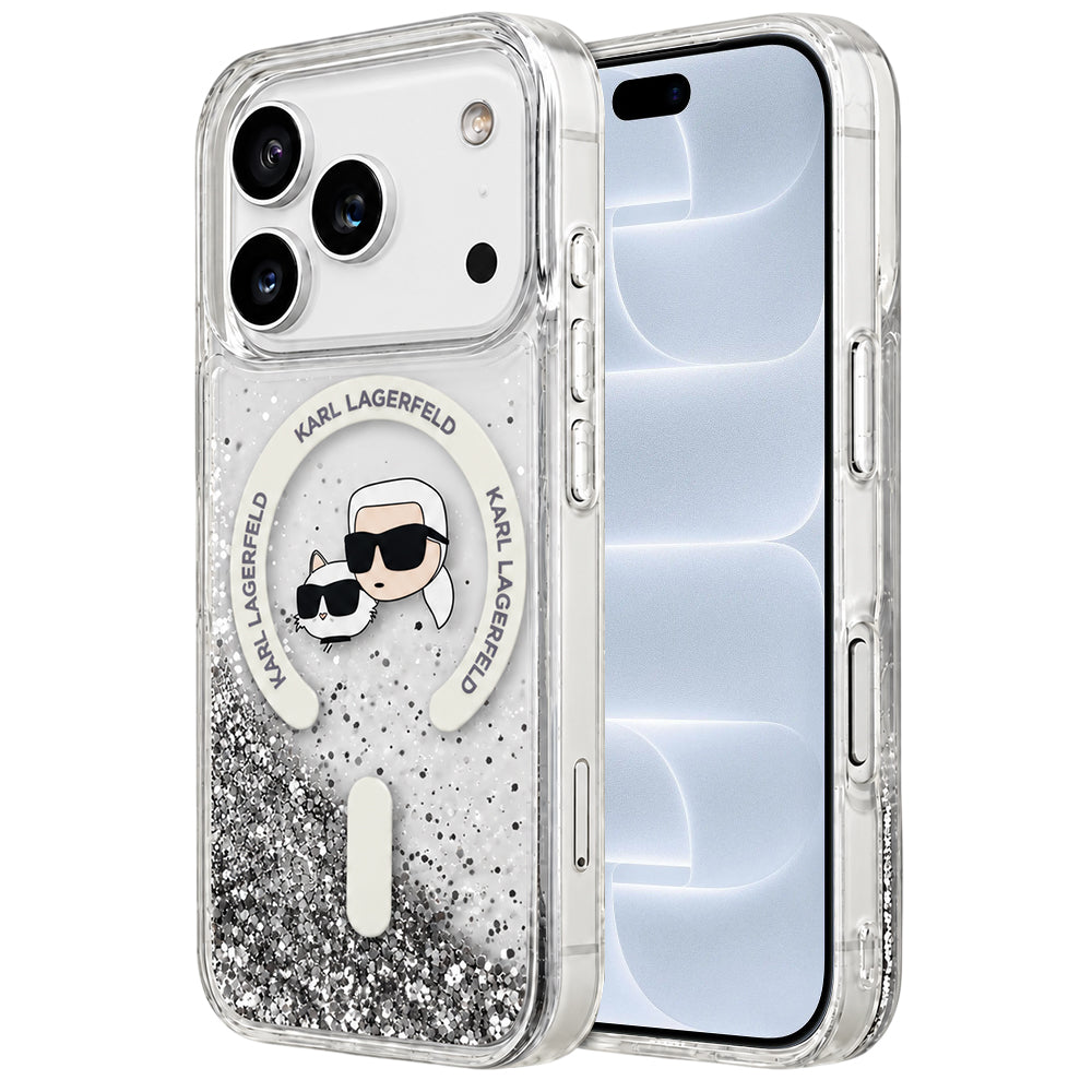 Ovitek MagSafe za Apple iPhone 18 Pro / 17 Pro, Karl Lagerfeld, Liquid Glitter Karl & Choupette Head's, Prozoren