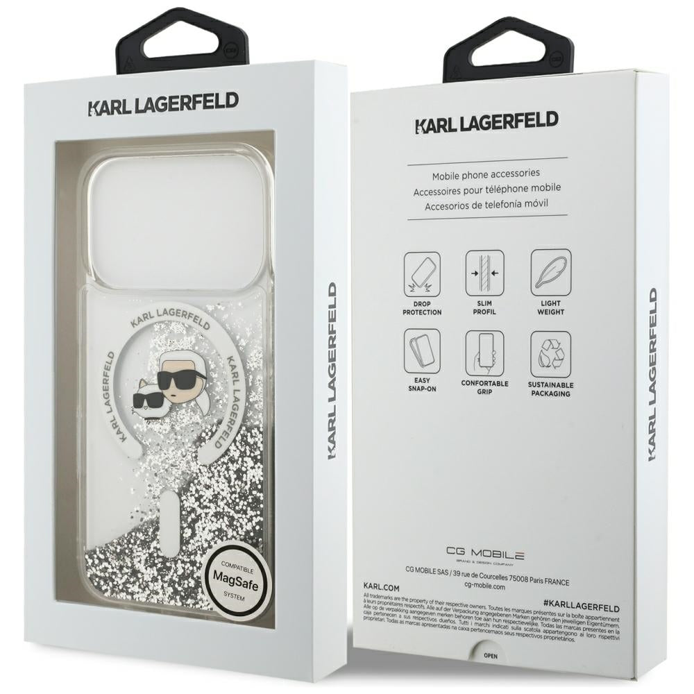 Ovitek MagSafe za Apple iPhone 18 Pro / 17 Pro, Karl Lagerfeld, Liquid Glitter Karl & Choupette Head's, Prozoren