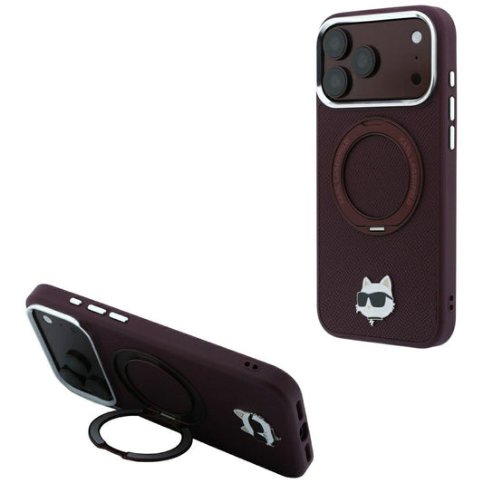 Ovitek MagSafe za Apple iPhone 18 Pro / 17 Pro, Karl Lagerfeld, stojalo za prstan 360 Choupette Pin, bordo