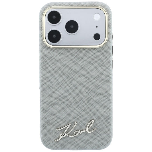 MagSafe ovitek za Apple iPhone 18 Pro / 17 Pro, Karl Lagerfeld, Saffiano majhen napis kovinski logotip, sivo bež