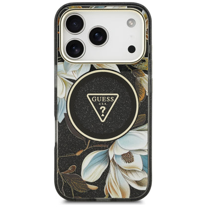 MagSafe ovitek za Apple iPhone 18 Pro, Guess, IML Metal Glitter Flowers Triangle, Črn