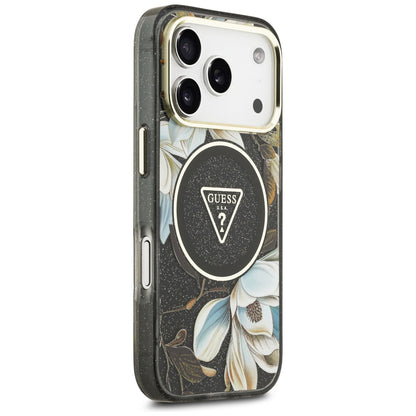 MagSafe ovitek za Apple iPhone 18 Pro, Guess, IML Metal Glitter Flowers Triangle, Črn
