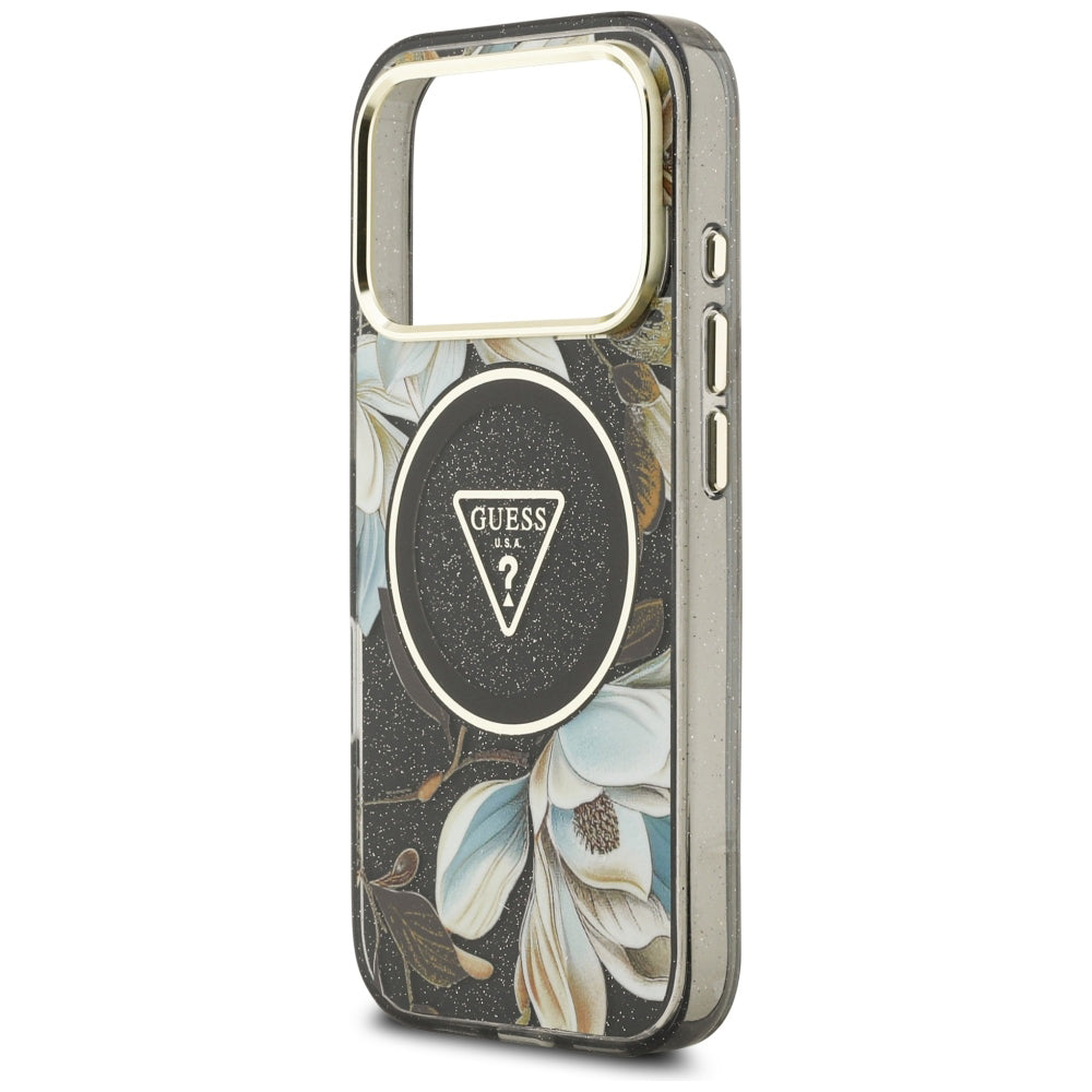 MagSafe ovitek za Apple iPhone 18 Pro, Guess, IML Metal Glitter Flowers Triangle, Črn