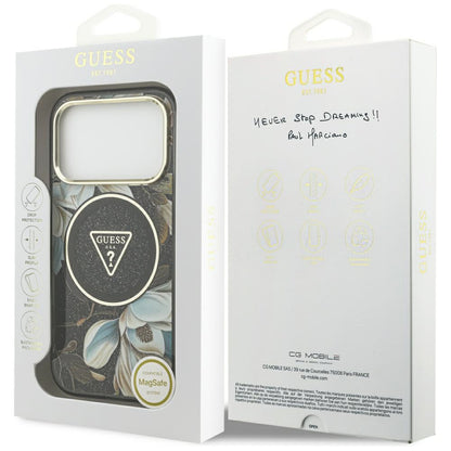 MagSafe ovitek za Apple iPhone 18 Pro, Guess, IML Metal Glitter Flowers Triangle, Črn