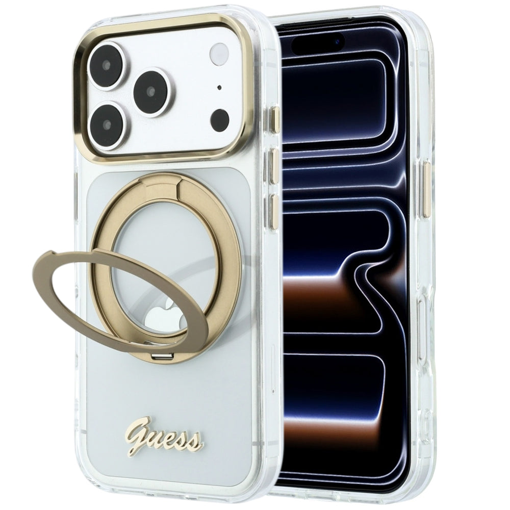 Ovitek MagSafe za Apple iPhone 18 Pro, Guess, Ring Stand Script Metal Logo, Prozoren