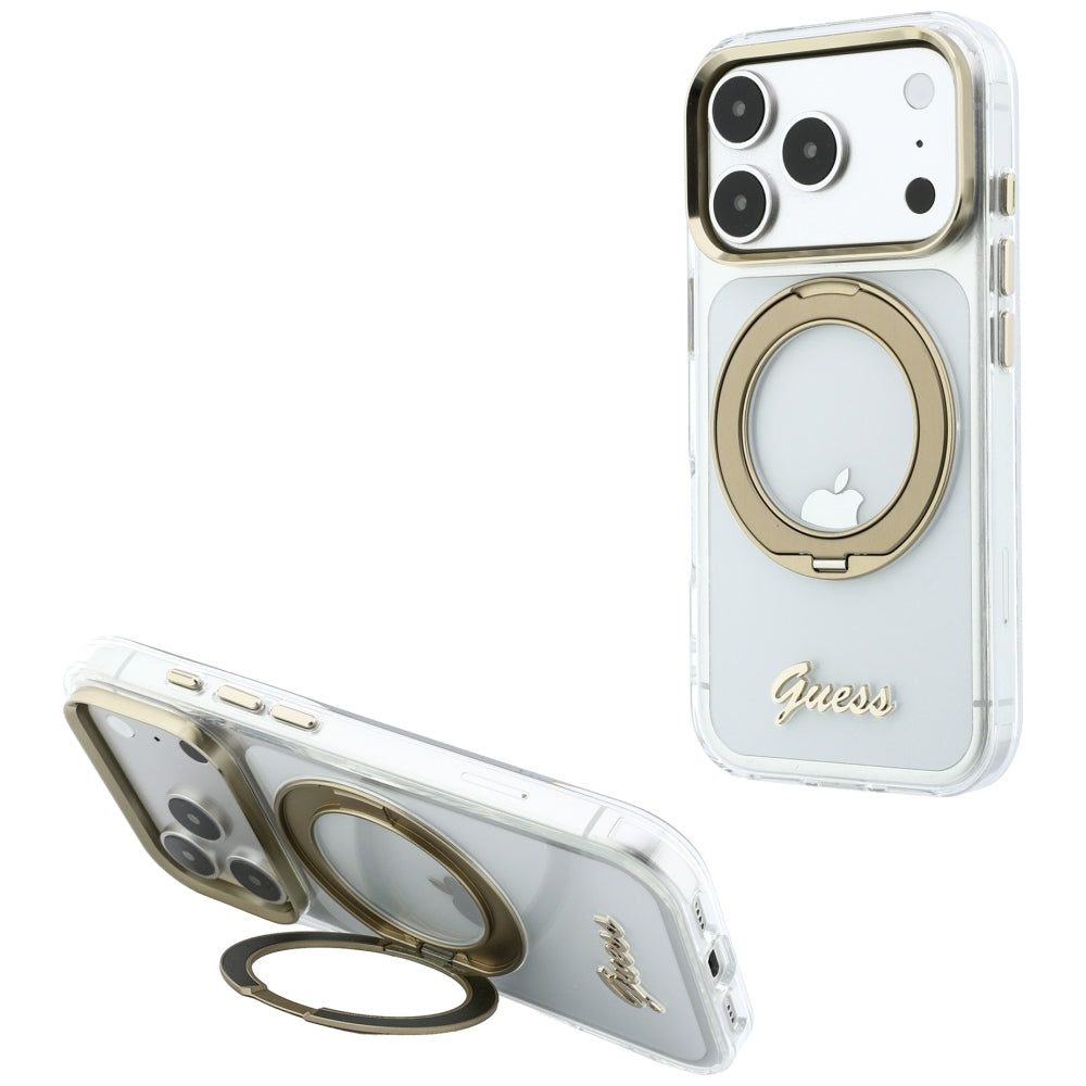 Ovitek MagSafe za Apple iPhone 18 Pro, Guess, Ring Stand Script Metal Logo, Prozoren