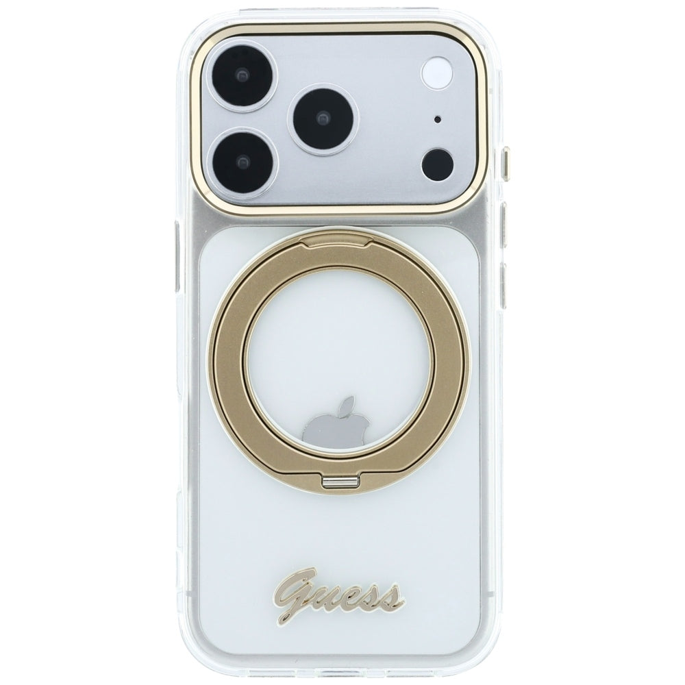 Ovitek MagSafe za Apple iPhone 18 Pro, Guess, Ring Stand Script Metal Logo, Prozoren