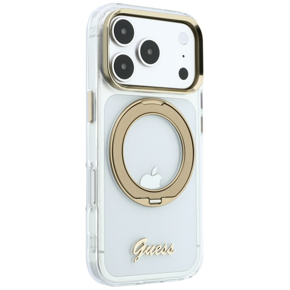 Ovitek MagSafe za Apple iPhone 18 Pro, Guess, Ring Stand Script Metal Logo, Prozoren