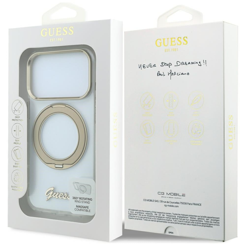 Ovitek MagSafe za Apple iPhone 18 Pro, Guess, Ring Stand Script Metal Logo, Prozoren