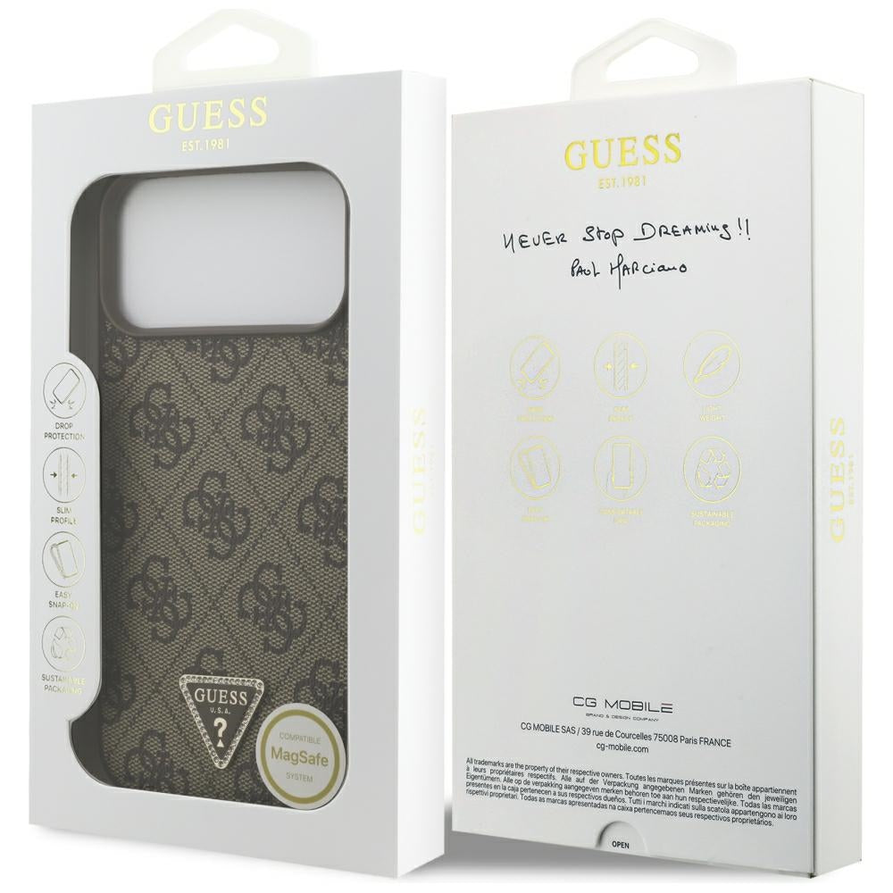 Ovitek MagSafe za Apple iPhone 18 Pro Max / 17 Pro Max, Guess, 4G Triangle Strass, rjav
