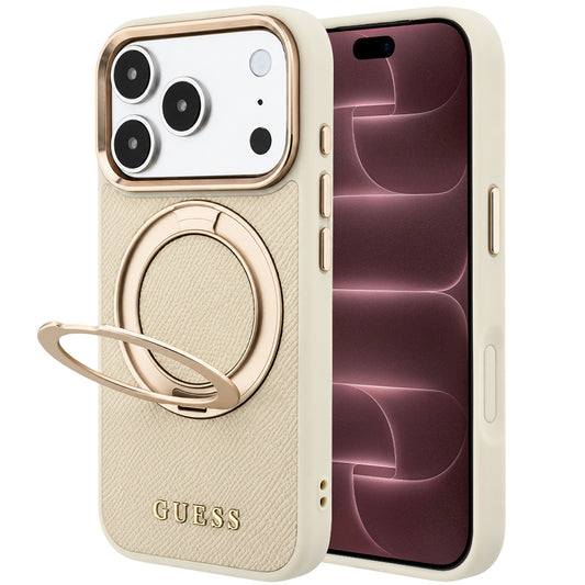 Ovitek MagSafe za Apple iPhone 18 Pro Max / 17 Pro Max, Guess, Grained Ring Stand 360 Classic, Bež