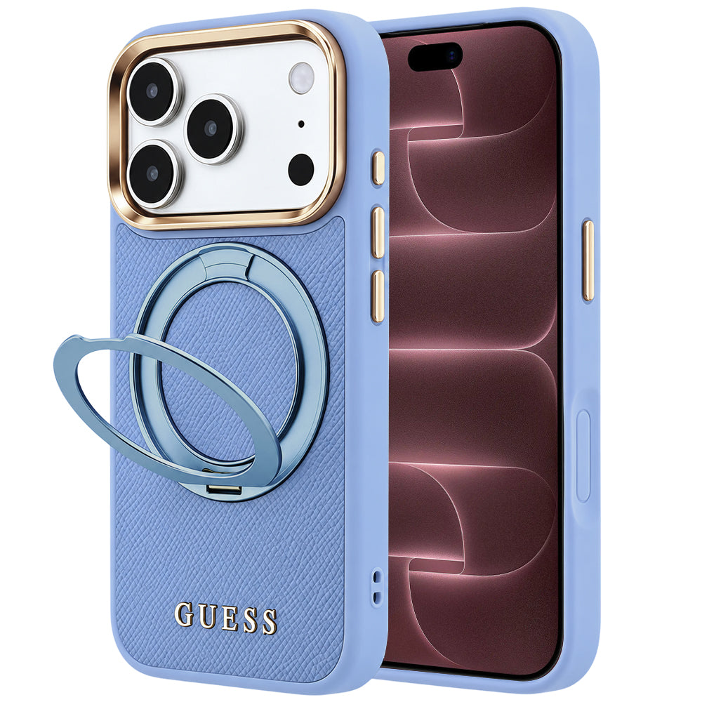 MagSafe ovitek za Apple iPhone 18 Pro Max / 17 Pro Max, Guess, Grained Ring Stand 360 Classic, moderna modra barva