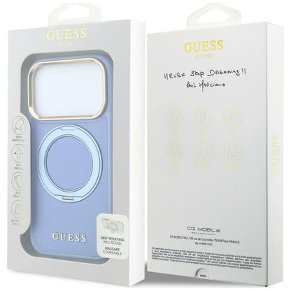 MagSafe ovitek za Apple iPhone 18 Pro Max / 17 Pro Max, Guess, Grained Ring Stand 360 Classic, moderna modra barva