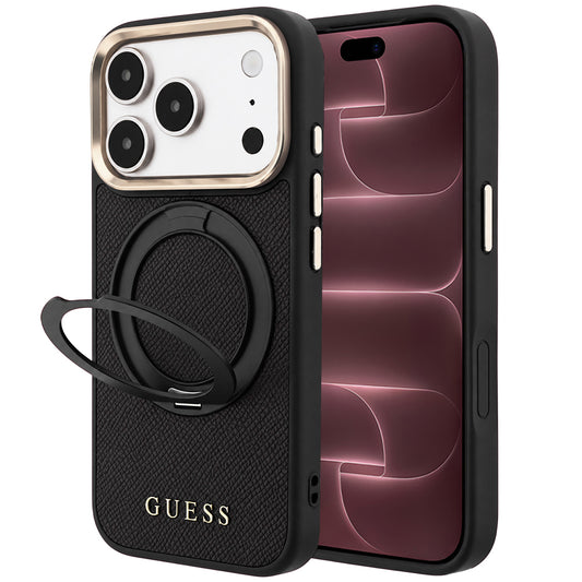 MagSafe ovitek za Apple iPhone 18 Pro Max / 17 Pro Max, Guess, Grained Ring Stand 360 Classic, črn