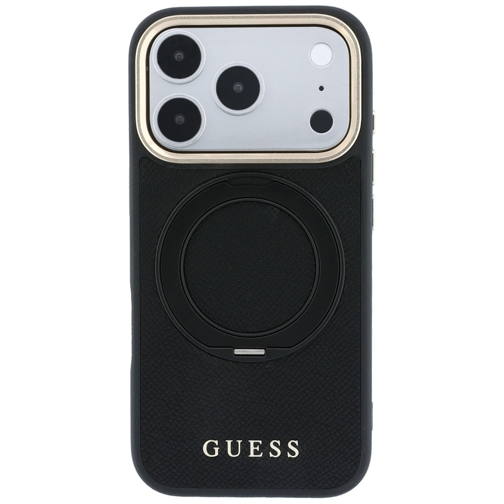 MagSafe ovitek za Apple iPhone 18 Pro Max / 17 Pro Max, Guess, Grained Ring Stand 360 Classic, črn