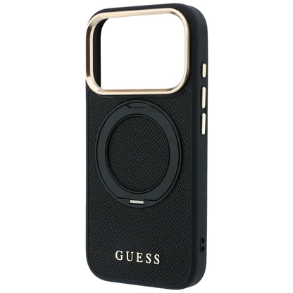 MagSafe ovitek za Apple iPhone 18 Pro Max / 17 Pro Max, Guess, Grained Ring Stand 360 Classic, črn