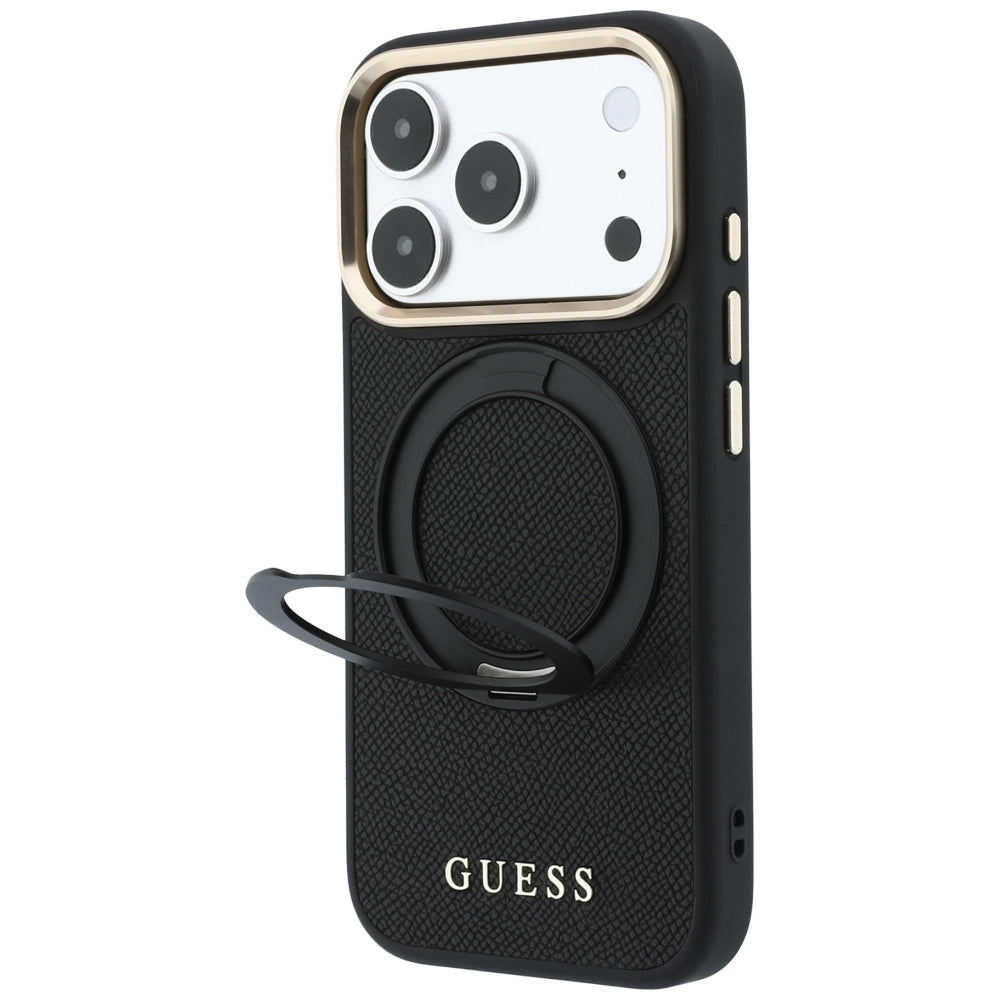 MagSafe ovitek za Apple iPhone 18 Pro Max / 17 Pro Max, Guess, Grained Ring Stand 360 Classic, črn