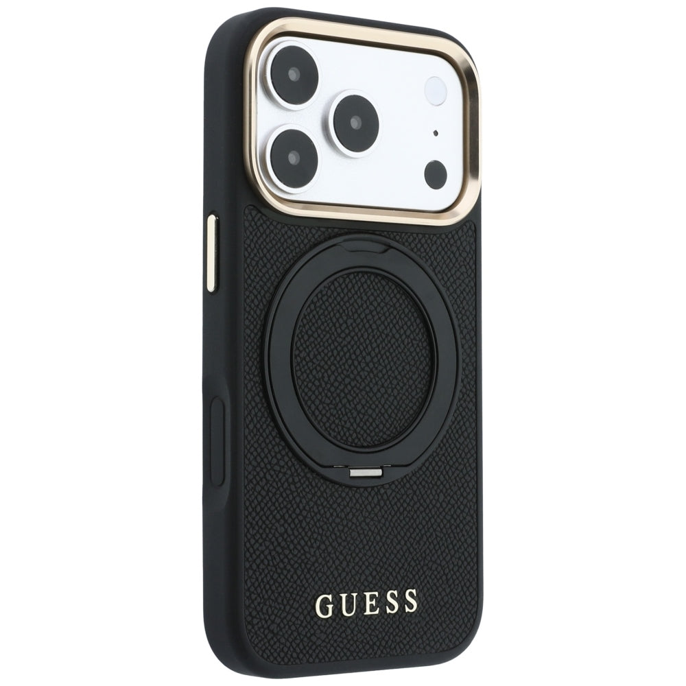 MagSafe ovitek za Apple iPhone 18 Pro Max / 17 Pro Max, Guess, Grained Ring Stand 360 Classic, črn