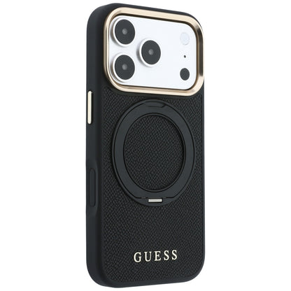 MagSafe ovitek za Apple iPhone 18 Pro Max / 17 Pro Max, Guess, Grained Ring Stand 360 Classic, črn